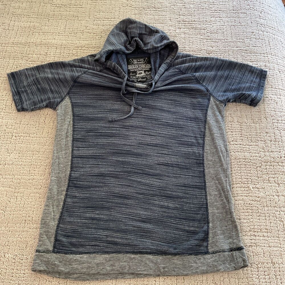 Broken Threads gray, blue hooded shirt short sleeve size small